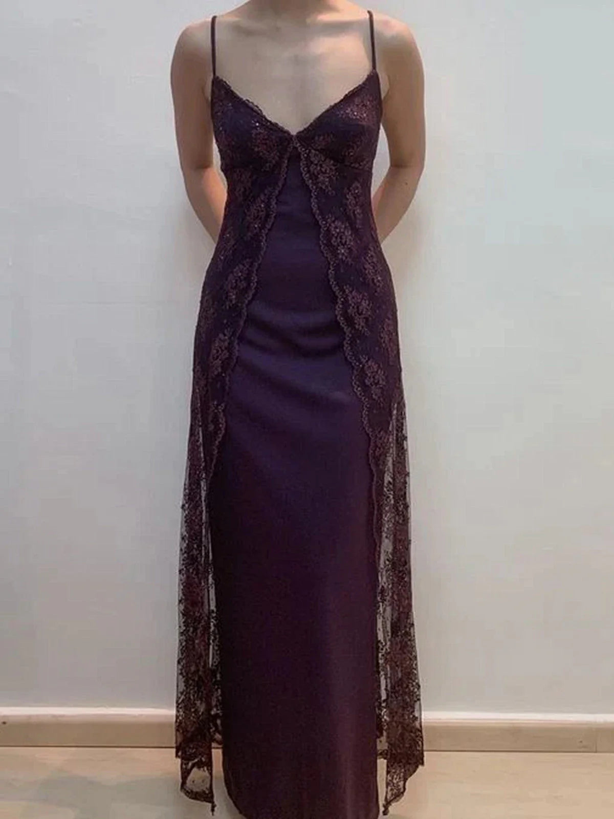 Charming V-neckline Purple Lace Straps A-line Prom Dress, Purple Long Formal Dress TP2128