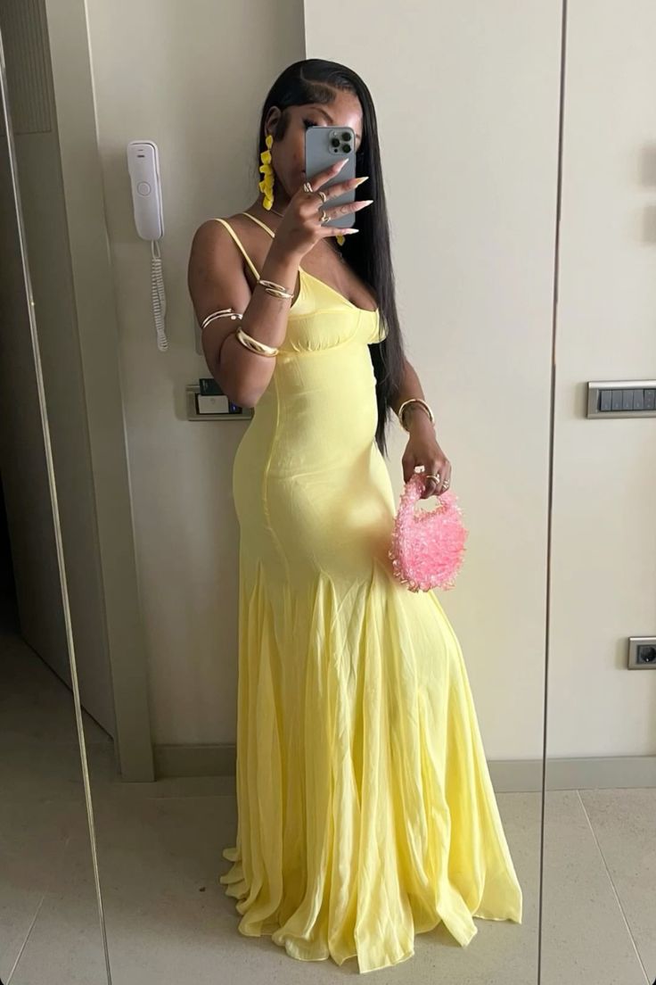 Chic Yellow Strap Low Cut Mermaid Long Ball Gown Evening Dress TP2131