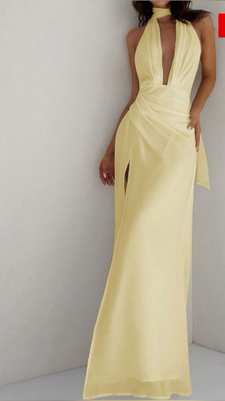Light Yellow Halter Neck Deep V Neck Backless Chiffon Slit Mermaid Ball Gown Evening Dress TP2132