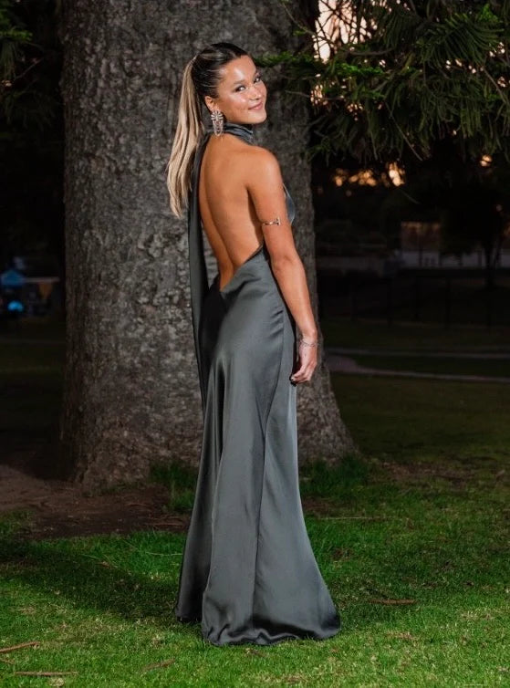 Elegant Gray Halter Neck Low Cut Backless Satin Formal Prom Dress Evening Gown TP2134