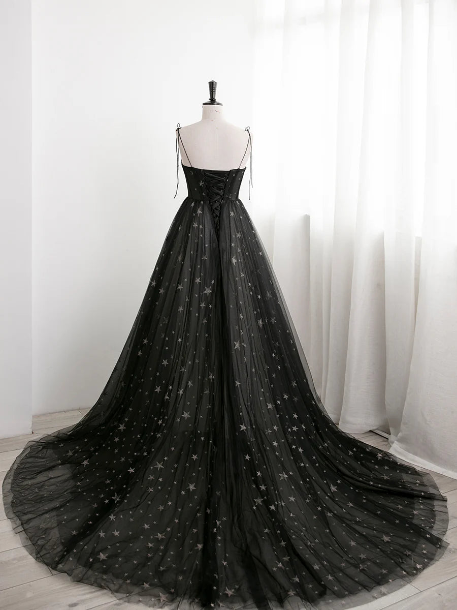 Charming Black Sweethart Tulle Straps A-line Long Formal Dress, Black Prom Dress TP2143