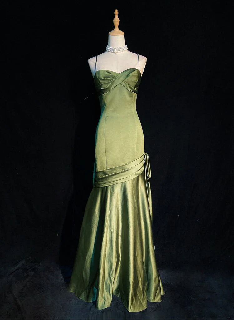 Green Satin Sweetheart Straps Long Evening Dress, Green Wedding Party Dress TP2149