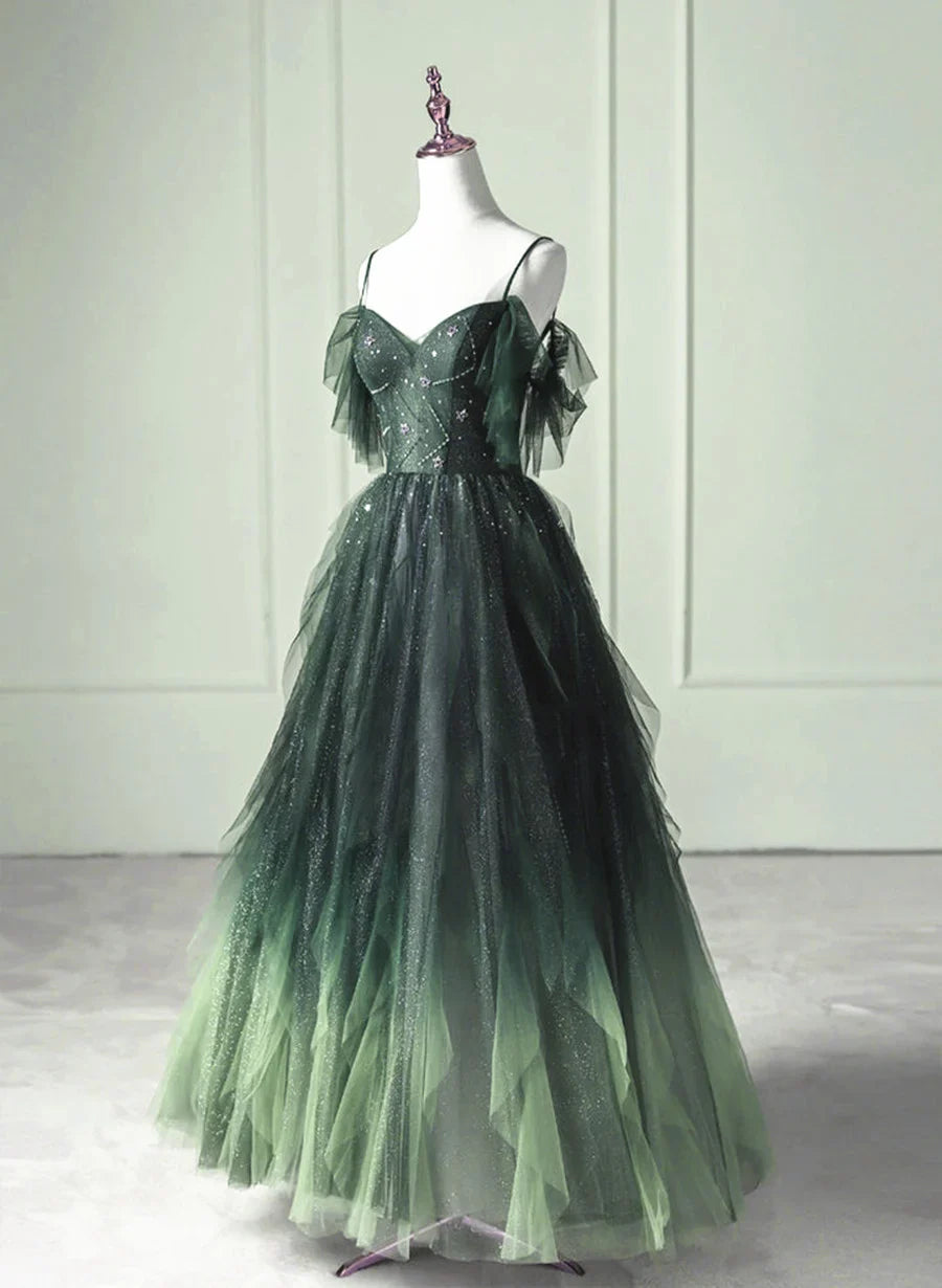 Green Gradient Tulle A-line Long Formal Dress, Green Beaded Straps Party Dress Prom Dress TP2150