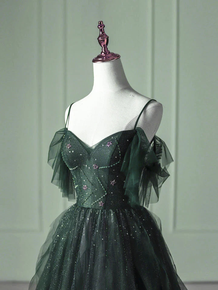 Green Gradient Tulle A-line Long Formal Dress, Green Beaded Straps Party Dress Prom Dress TP2150