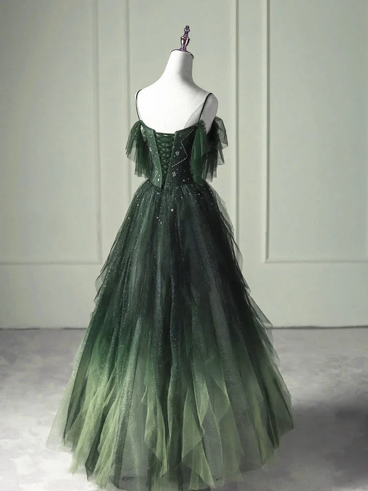 Green Gradient Tulle A-line Long Formal Dress, Green Beaded Straps Party Dress Prom Dress TP2150
