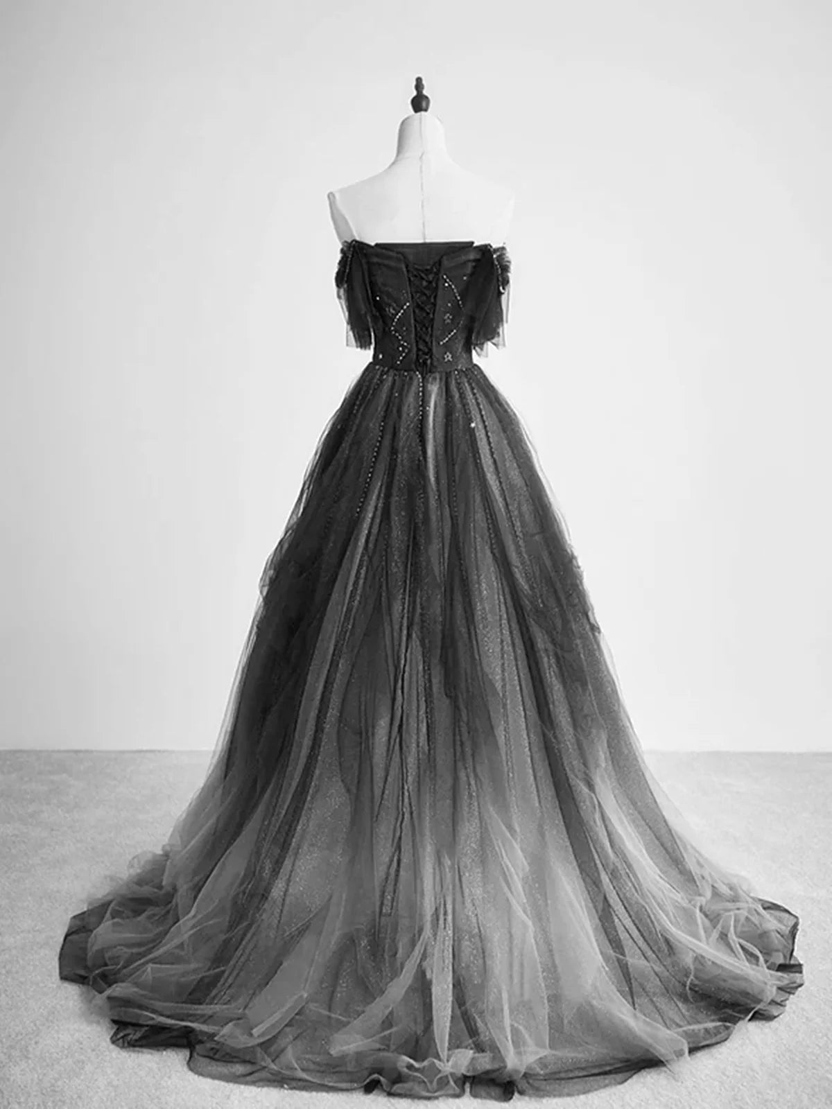 Black Tulle Off Shoulder Tulle Beaded Long Party Dress, Black Tulle Evening Dress Prom Dress TP2151