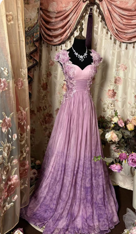 Gorgeous Purple A-line 3D Floral Tulle Floor Length Ball Gown Evening Dress TP2159