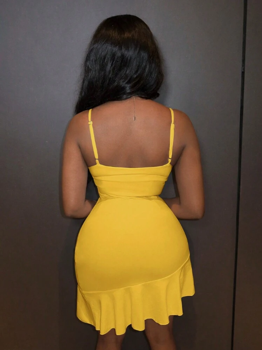 Simple Yellow Mermaid Strap V Neck Ruffle Mini Party Dress Homecoming Dress TP2168