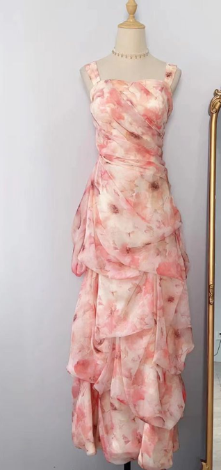 Pretty Pink Printed Strapless Chiffon Mermaid Ball Gown Evening Dress TP2171