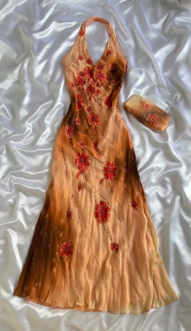 Chic Vintage Orange Strap Beaded Chiffon Long Ball Gown Evening Dress TP2173