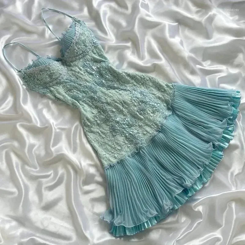 Vintage Blue Strapless A-Line Lace Midi Birthday Party Dress Prom Dress TP2174