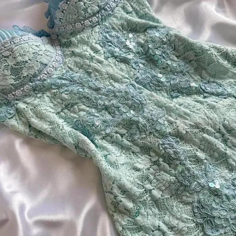 Vintage Blue Strapless A-Line Lace Midi Birthday Party Dress Prom Dress TP2174