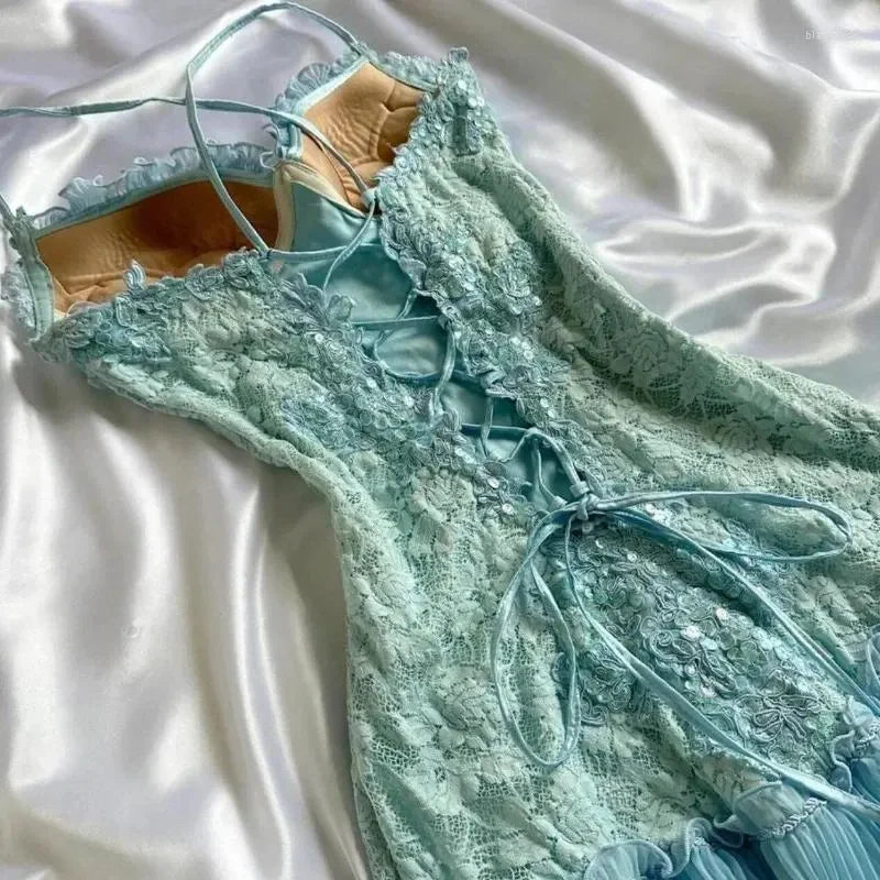 Vintage Blue Strapless A-Line Lace Midi Birthday Party Dress Prom Dress TP2174