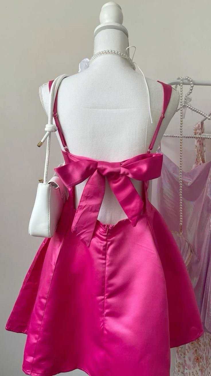 Bright Pink Strapless A-Line Backless Satin Mini Party Dress Homecoming Dress TP2185