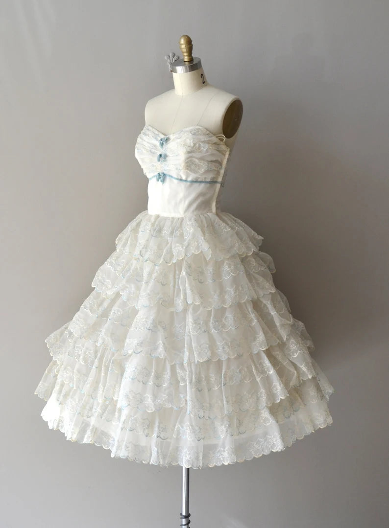 Vintage White Strapless Ruffle Lace Short Birthday Party Dress Prom Dress TP2196