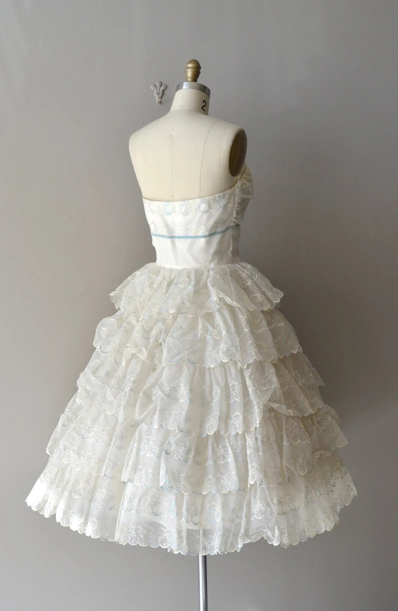Vintage White Strapless Ruffle Lace Short Birthday Party Dress Prom Dress TP2196