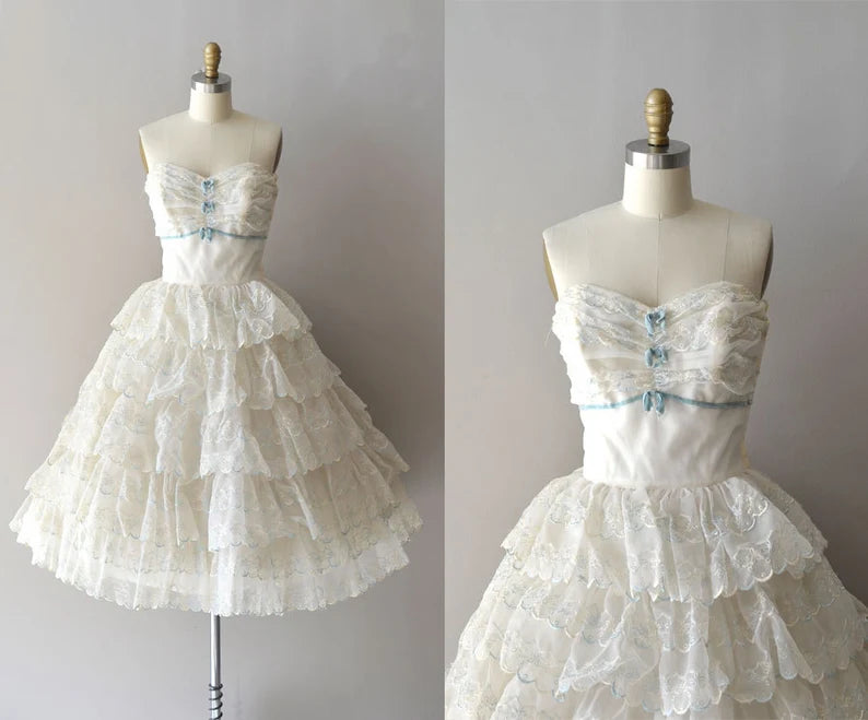 Vintage White Strapless Ruffle Lace Short Birthday Party Dress Prom Dress TP2196