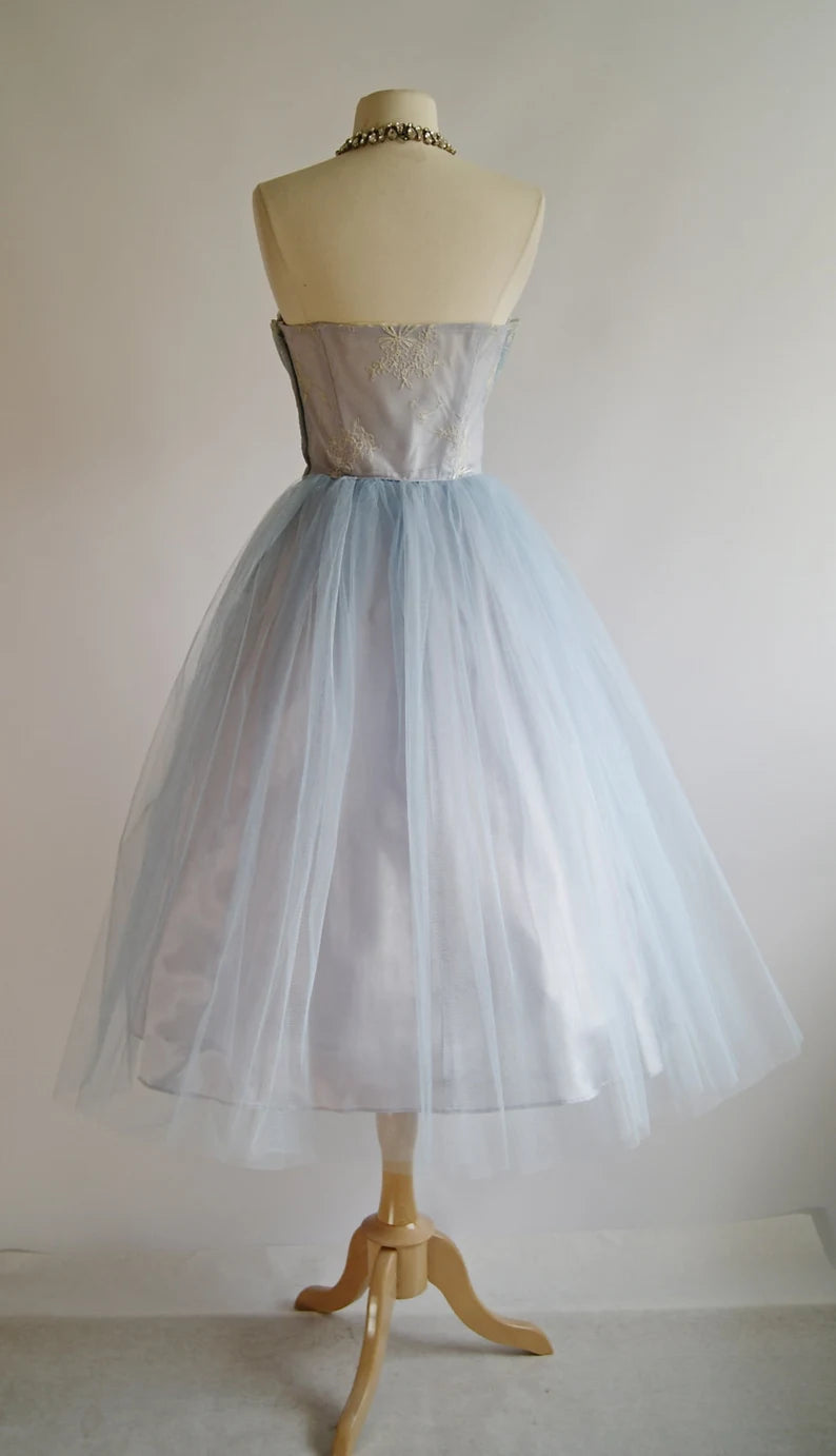 Vintage Gray Strapless Lace Tulle Short Party Dress Homecoming Dress TP2200