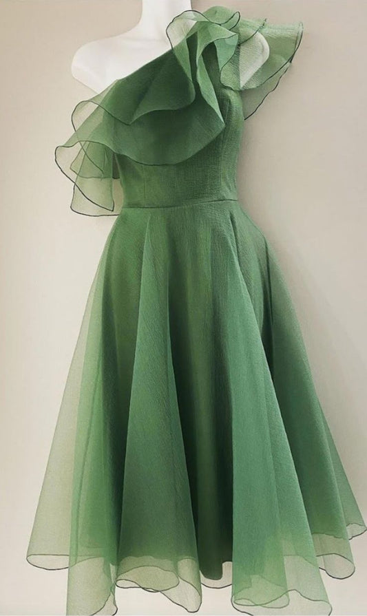 Chic Green A-Line One Shoulder Ruffle Short Homecoming Dress TP2204