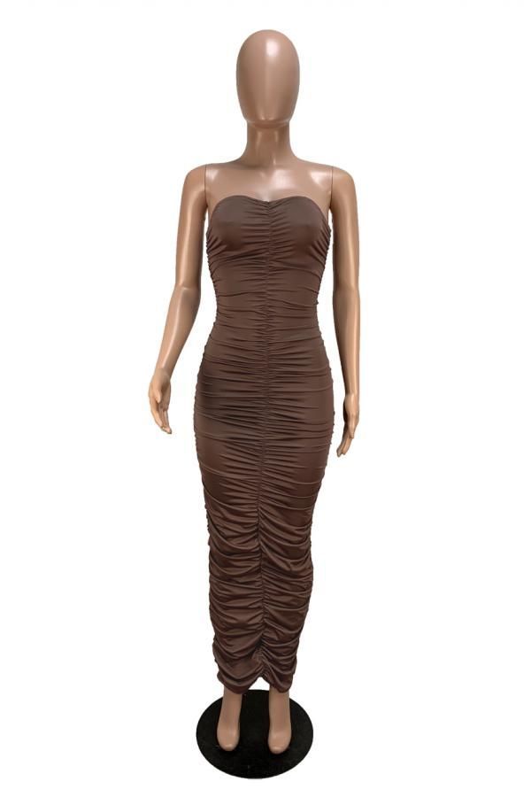 Sexy Brown Strapless Sleeveless Ruffled Mermaid Long Ball Gown TP2224