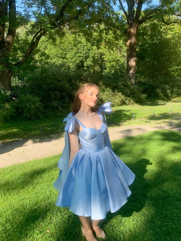 Sweet Blue A-line Strap Sleeveless Satin Bow Mini Party Dress Homecoming Dress TP2230