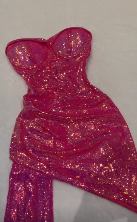 Shiny Bright Pink Strapless Sweetheart Neck Sequin Mermaid Short Ball Gown Evening Dress TP2234