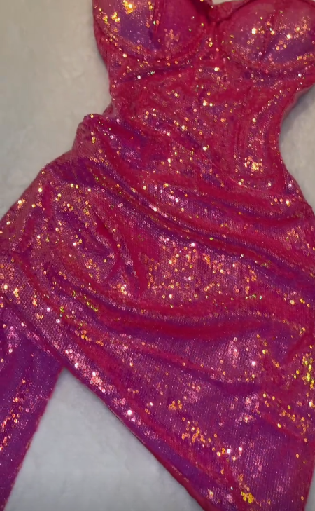 Shiny Bright Pink Strapless Sweetheart Neck Sequin Mermaid Short Ball Gown Evening Dress TP2234