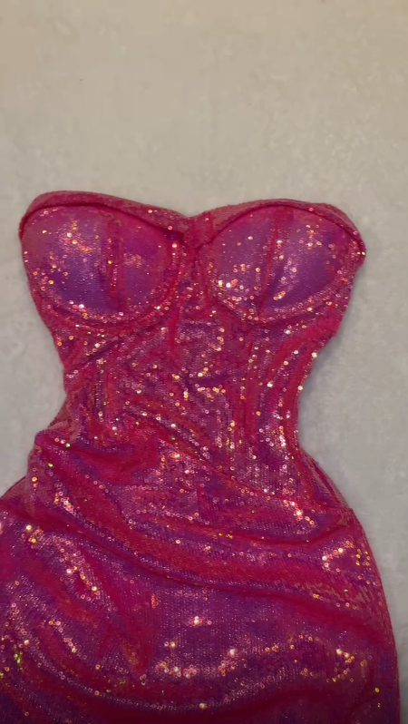 Shiny Bright Pink Strapless Sweetheart Neck Sequin Mermaid Short Ball Gown Evening Dress TP2234