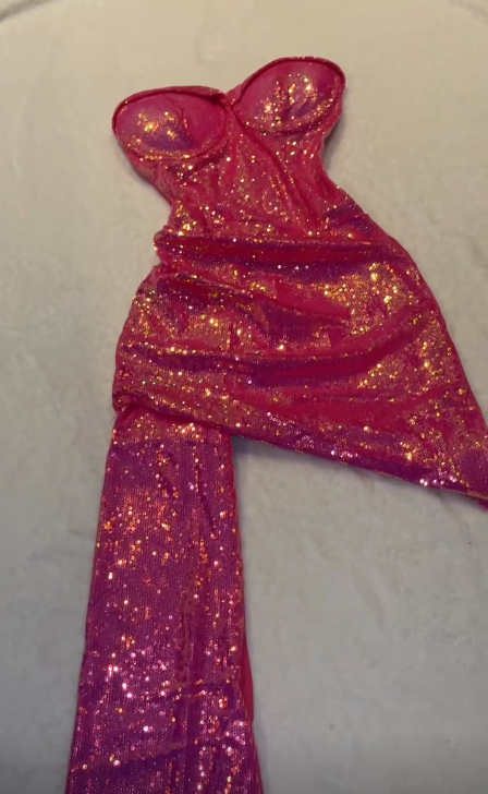 Shiny Bright Pink Strapless Sweetheart Neck Sequin Mermaid Short Ball Gown Evening Dress TP2234