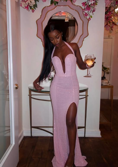 Sexy Pink Off Shoulder Sleeveless Slit Long Party Dress Prom Dress TP2237