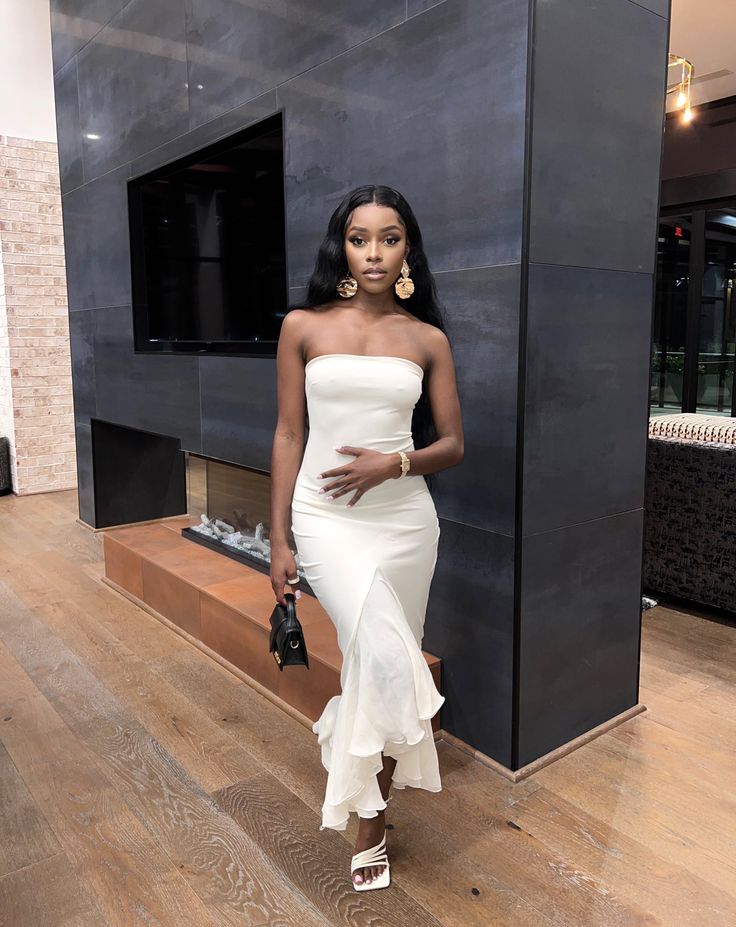 Sexy White Strapless Mermaid Ruffle Ball Gown Evening Dress TP2243