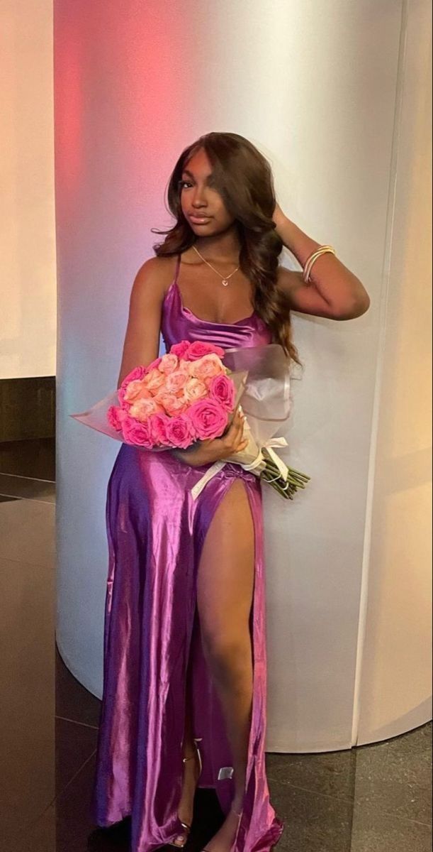 Charming Purple Satin Strap Slit Long Ball Gown Evening Dress TP2248