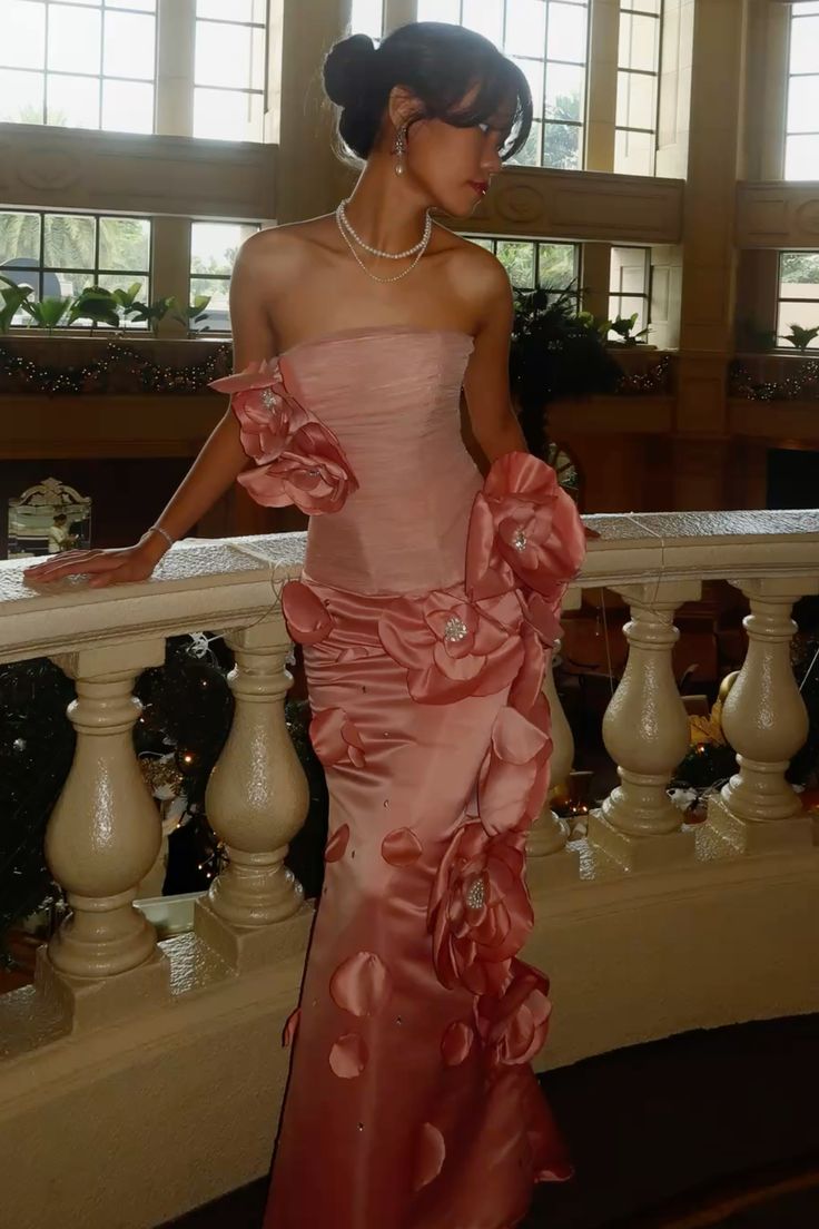 Elegant Pink Strapless Tulle 3D Flower Beaded Satin Mermaid Ball Gown Evening Dress TP2257