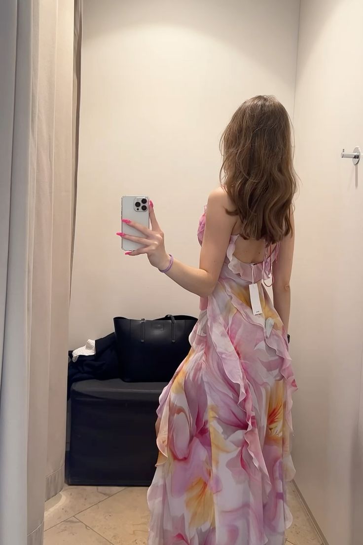 Elegant Purple Printed Spaghetti Strap Chiffon Slit Ball Gown Evening Dress TP2267