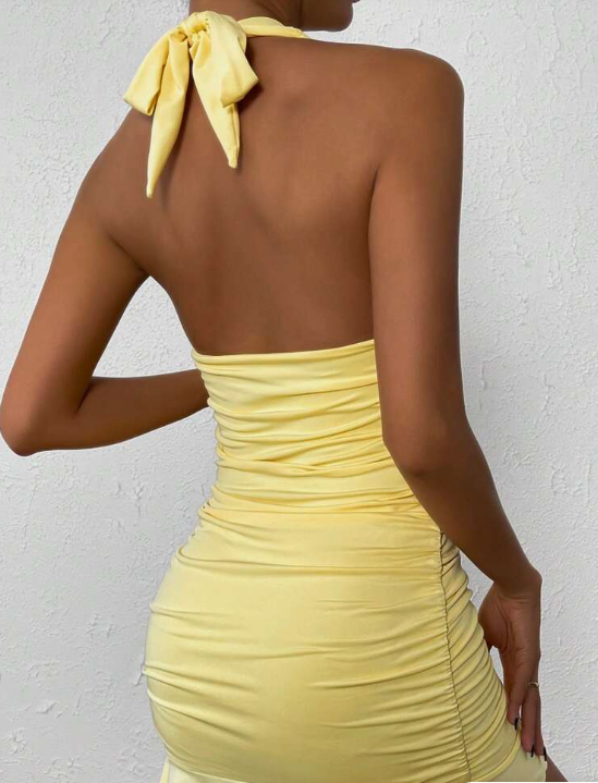 Chiffon Halter Neck Off Shoulder Ruffle Bodycon Mini Prom Gown Party Dress TP2303