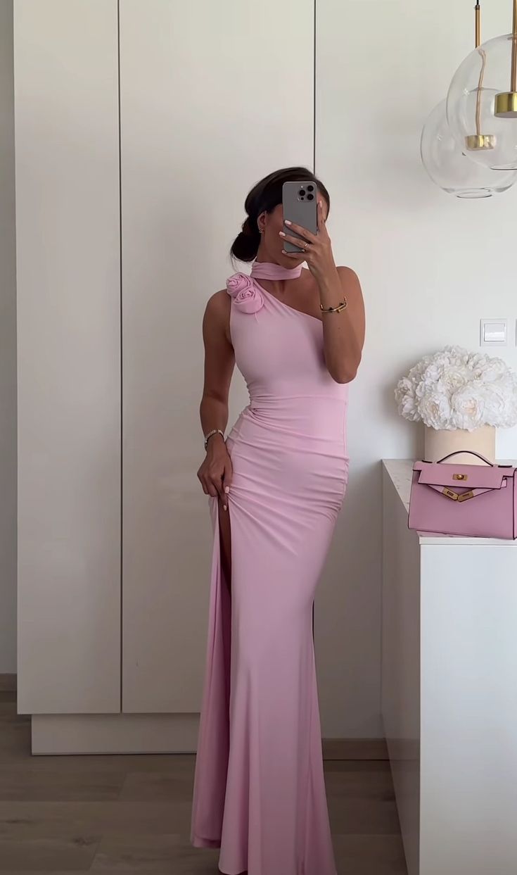 Elegant Pink One Shoulder 3D Floral Slit Mermaid Long Prom Dress Evening Dress TP2310