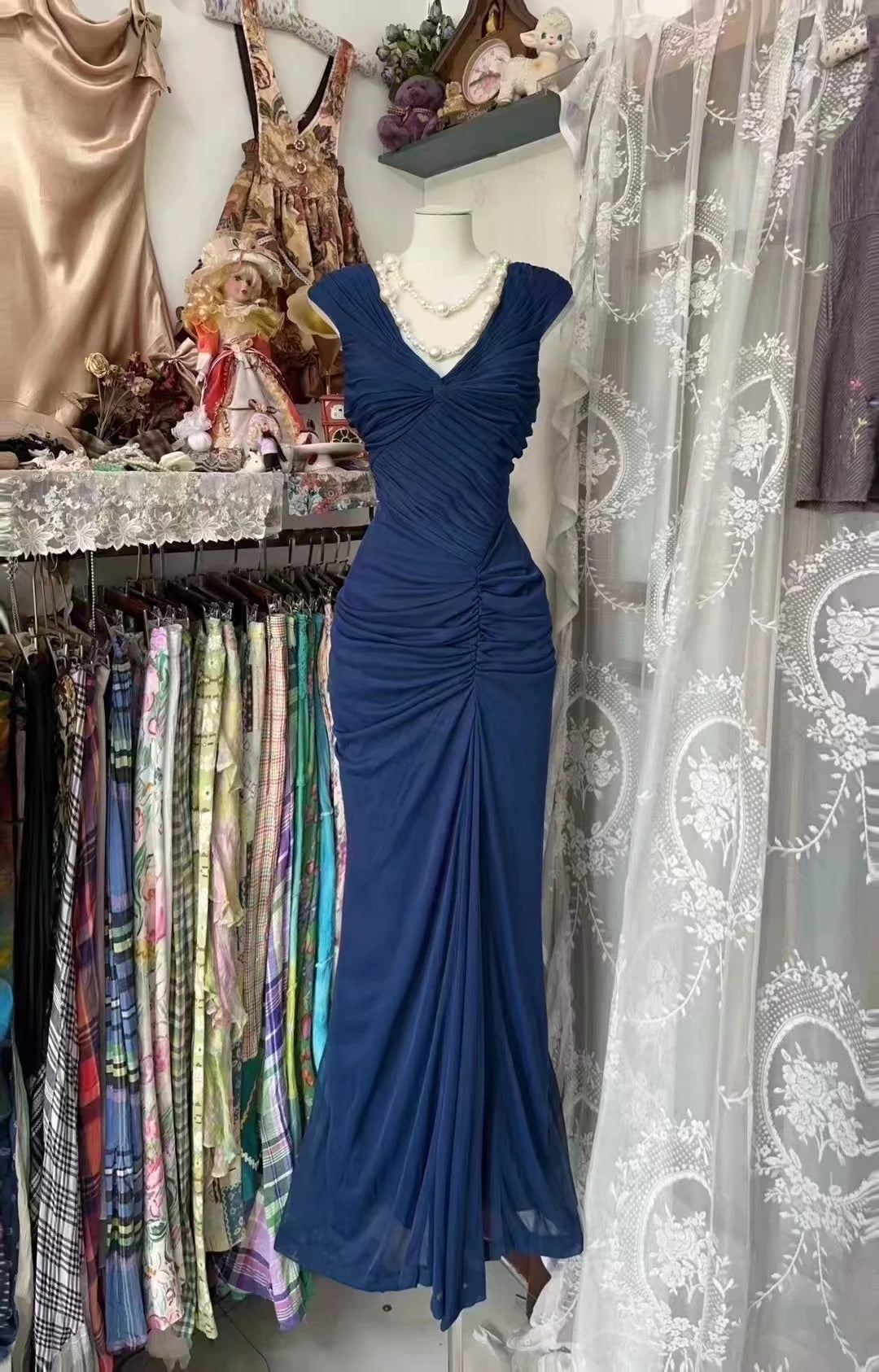Vintage Navy Strapless Sleeveless Ruffled Mermaid Tulle Ball Gown Evening Dress TP2317