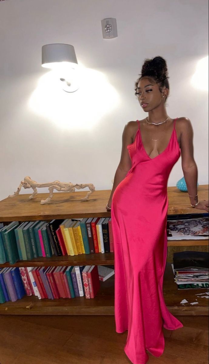 Hot Pink Spaghetti Strap Low Neck Satin Slit Floor Length Ball Gown Evening Dress TP2321