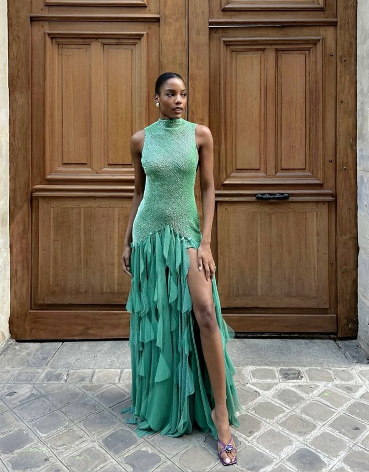 High collar green slit tulle long gorgeous prom dress evening dress TP2330