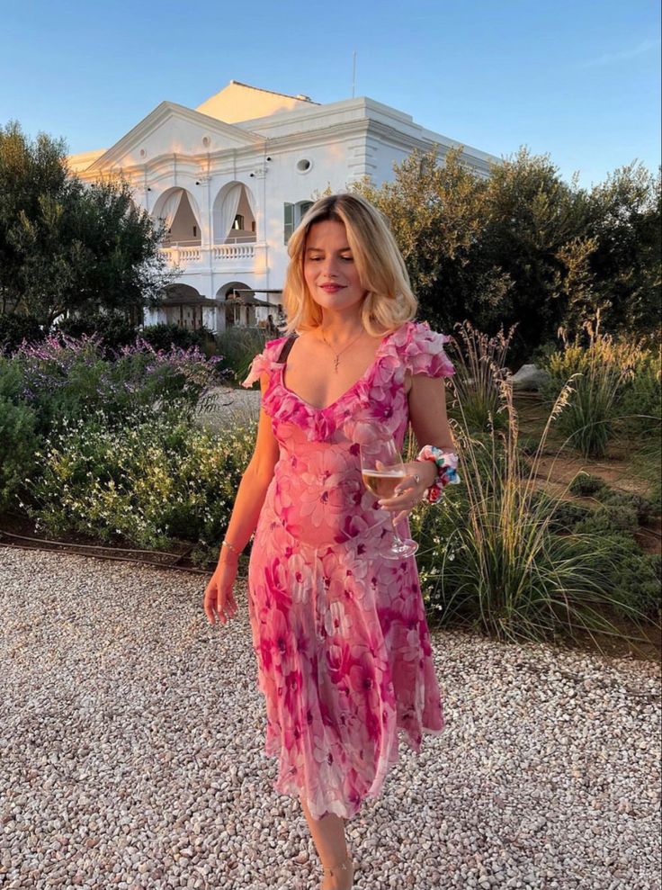 Printed Pink Strap Ruffle Chiffon Tea Length Ball Gown Party Dress TP2339