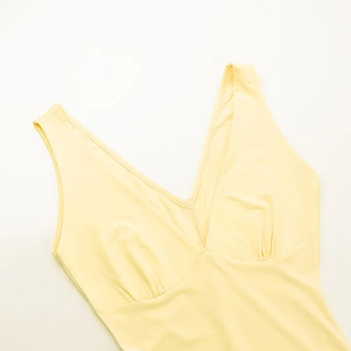 Elegant light yellow strap V-neck slit prom dress evening dress TP2344