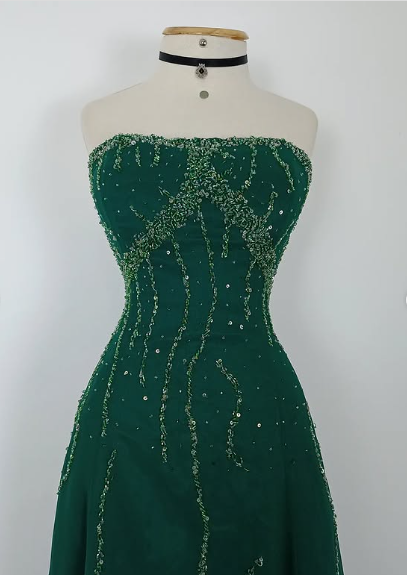 Vintage Green A-line Strapless Sequined Sleeveless Long Prom Dress Evening Dress TP2349