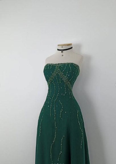 Vintage Green A-line Strapless Sequined Sleeveless Long Prom Dress Evening Dress TP2349