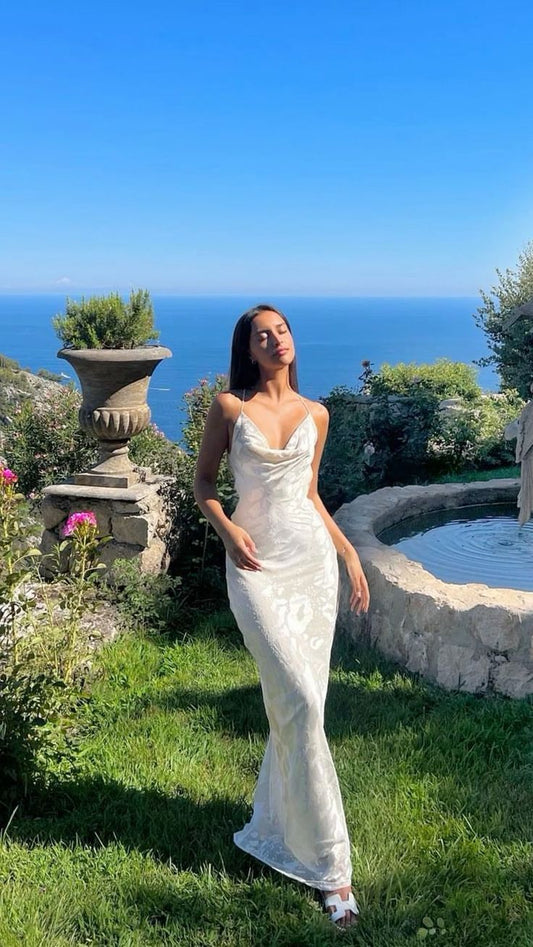 Simple Ivory Off-Shoulder Sleeveless Backless Mermaid Long Formal Prom Dress Evening Gown TP2354