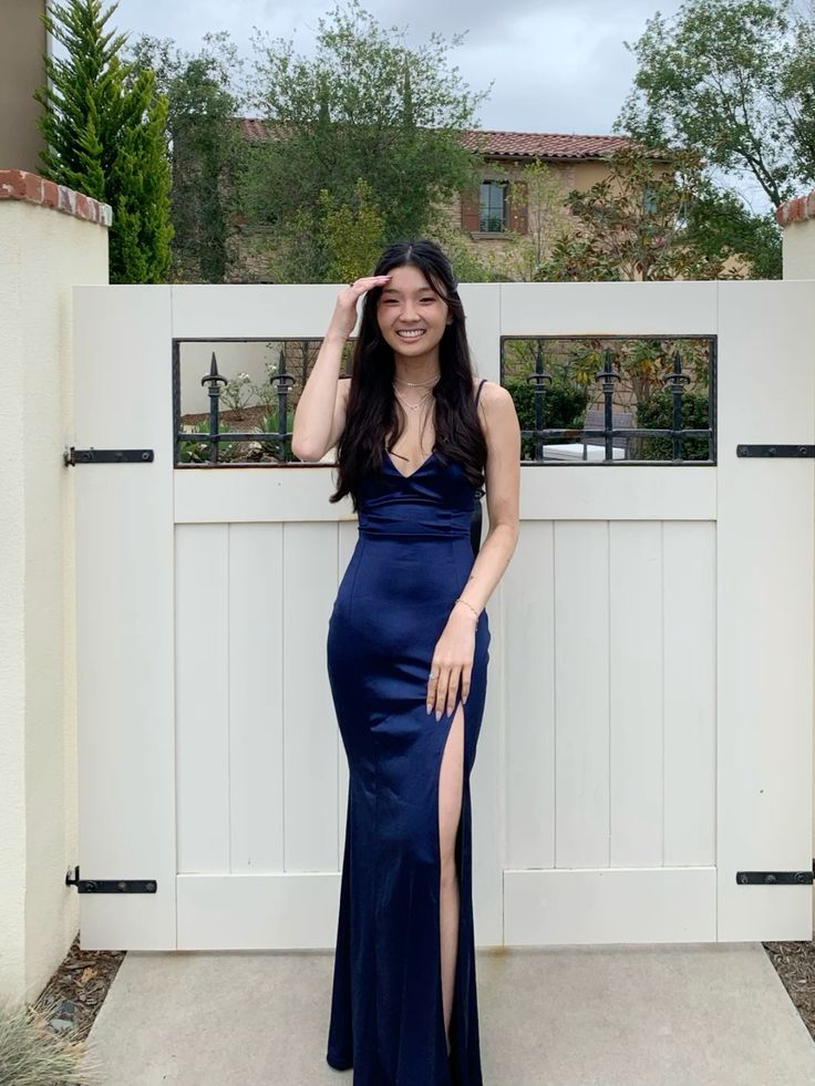 Navy Spaghetti Strap V Neck Satin Slit Formal Long Prom Dress Bridesmaid Dress TP2356