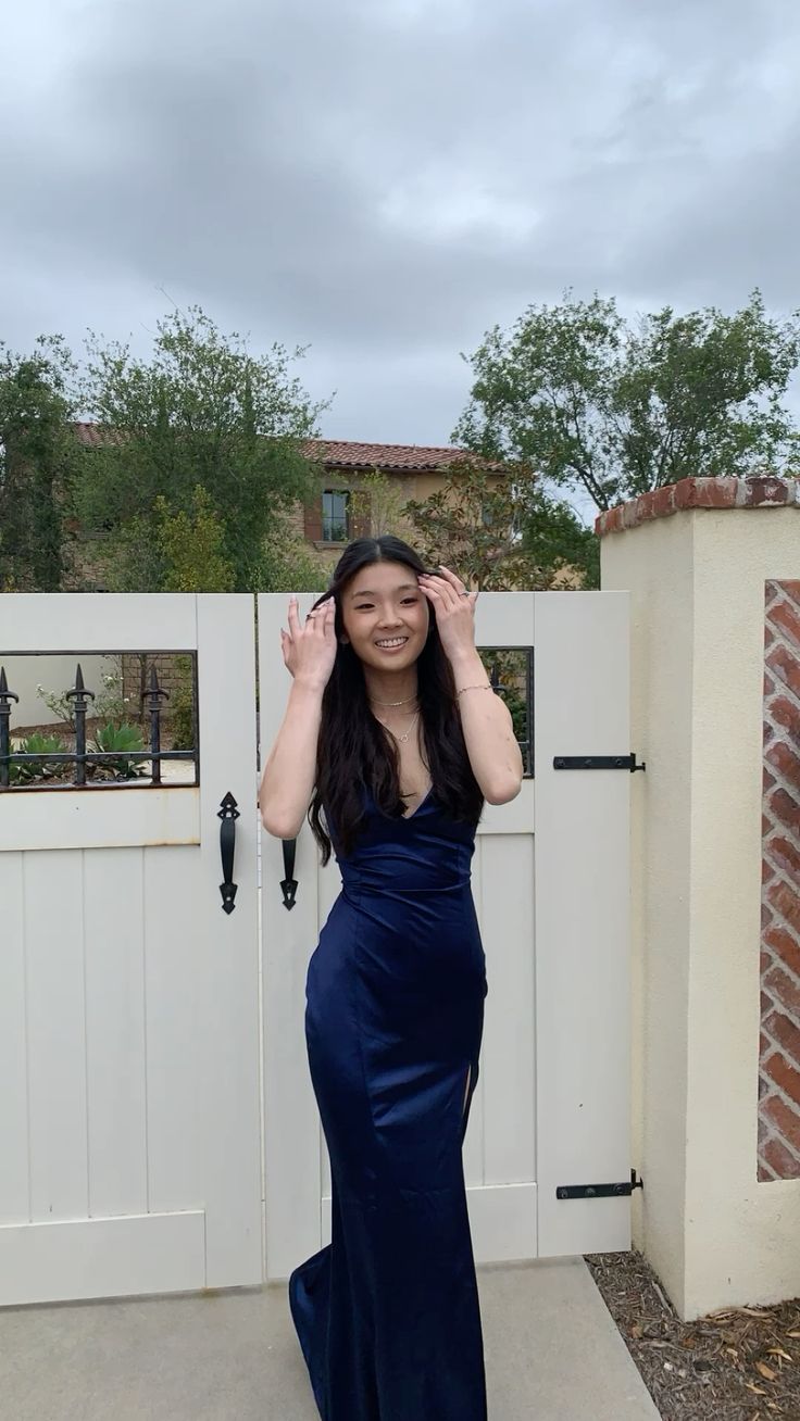 Navy Spaghetti Strap V Neck Satin Slit Formal Long Prom Dress Bridesmaid Dress TP2356
