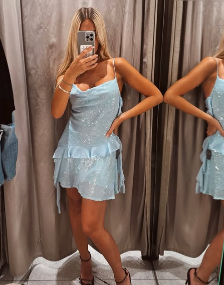 Spaghetti Strap Light Blue Sequin Ruffle Short Party Dress Homecoming Dress TP2364