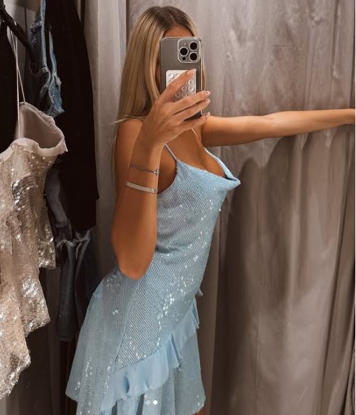 Spaghetti Strap Light Blue Sequin Ruffle Short Party Dress Homecoming Dress TP2364