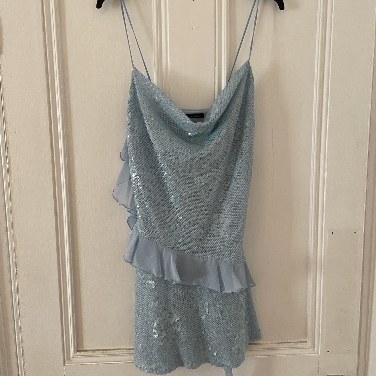 Spaghetti Strap Light Blue Sequin Ruffle Short Party Dress Homecoming Dress TP2364