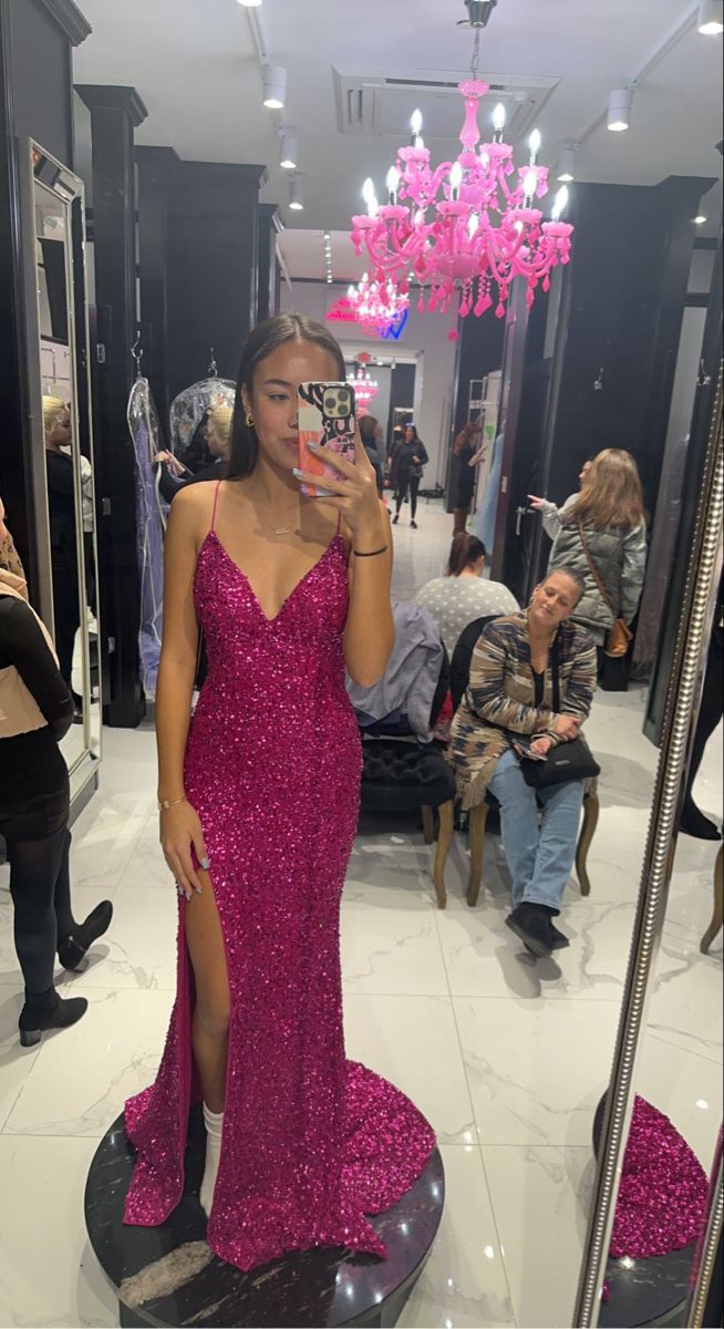 Sequined Spaghetti Strap Sleeveless Pink Slit Long Mermaid Prom Dress Bridesmaid Dress TP2372